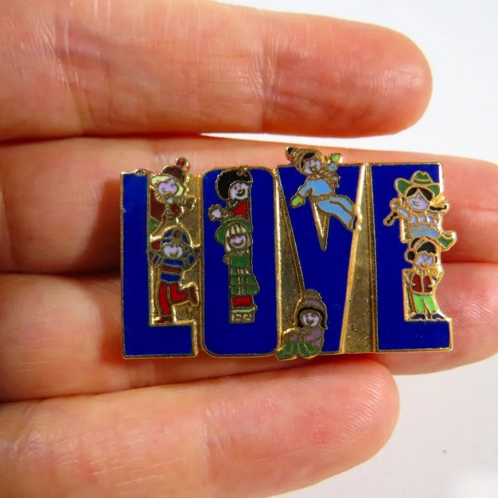 Kids Blue Metal LOVE lapel pin with gold accent